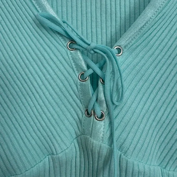 Y2K Stretch | XL | Energie Aqua Ribbed Tank Top Lace Up V Neck Fitted - Picture 4 of 5